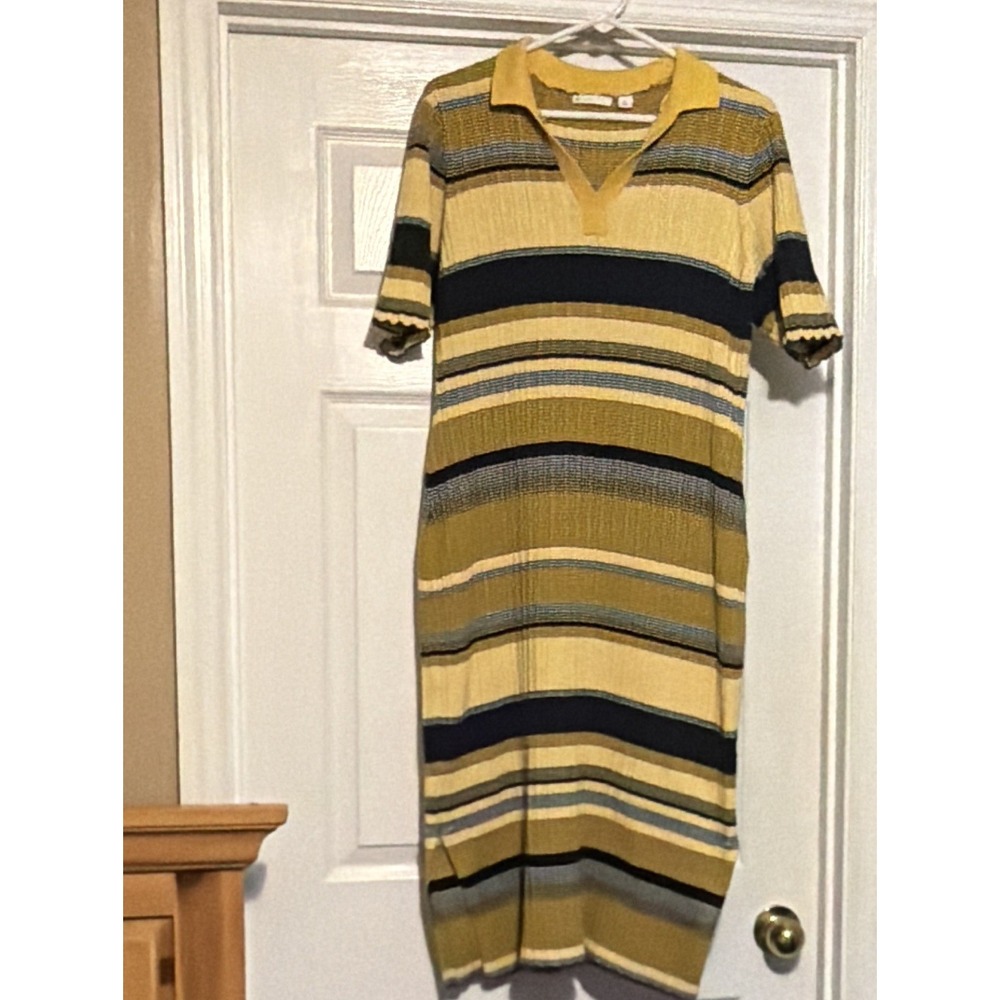 Women's XL Striped Knit Collared Short Sleeve Sweater Dress Yellow Stripes Dress - Picture 10 of 10